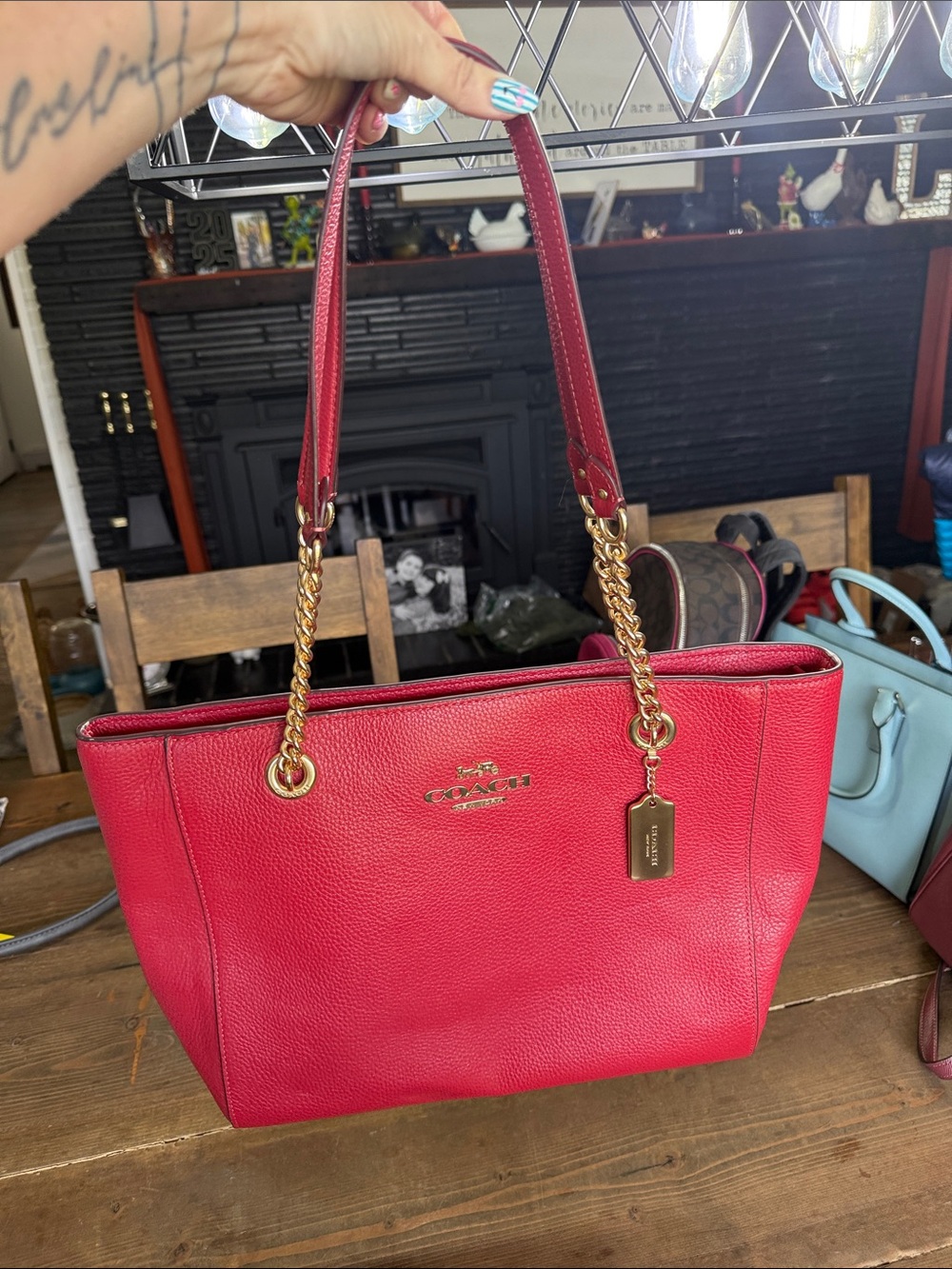 Coach Red Pebbled Leather Chain-Handle Tote